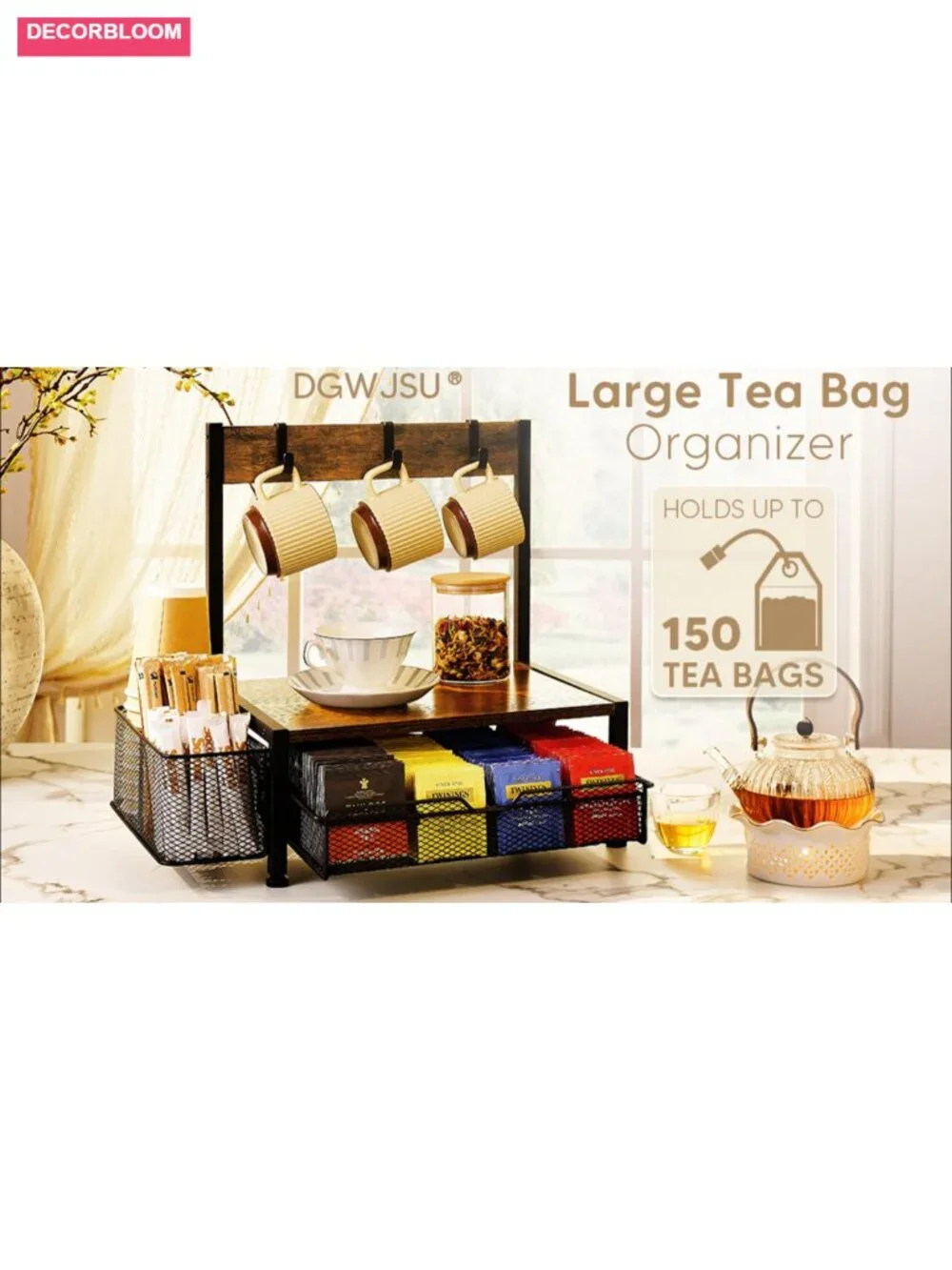 Wood Tea Bag Organizer with Drawer and Cup Holder, 4 Hooks, for Countertop